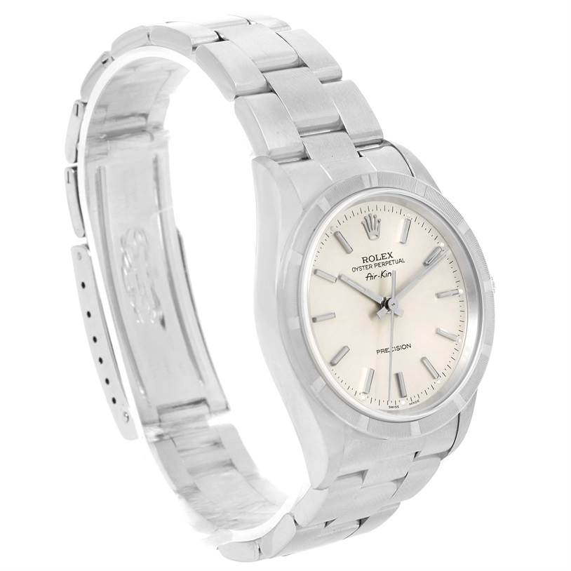 The image shows a Rolex Air-King 14010 Men's Stainless Steel Silver Dial 14010 Men's Stainless Steel Silver Dial watch angled slightly to the left, displaying the face, bracelet, and clasp parts.