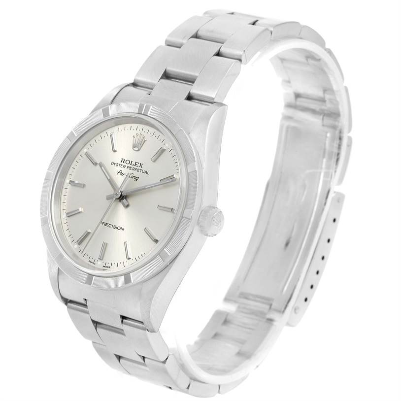 This Rolex Air-King 14010 Men's Stainless Steel Silver Dial 14010 Men's Stainless Steel Silver Dial watch is shown at an angled view, highlighting the dial, case, and stainless steel bracelet.