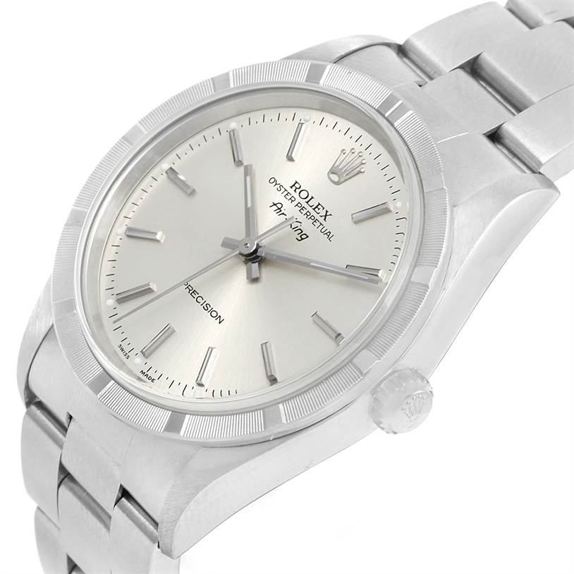 This image shows a Rolex Air-King 14010 Men's Stainless Steel Silver Dial 14010 Men's Stainless Steel Silver Dial watch at a slight angle, highlighting the dial, bezel, and part of the bracelet.