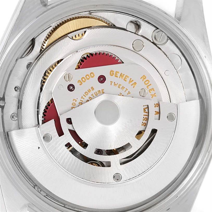 The image shows a close-up view of the movement mechanism inside the Rolex Air-King 14010 Men's Stainless Steel Silver Dial 14010 Men's Stainless Steel Silver Dial watch.