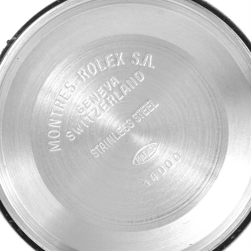 The image shows the inside case back of a Rolex Air-King 14010 Men's Stainless Steel Silver Dial 14010 Men's Stainless Steel Silver Dial watch, emphasizing its stainless steel construction and engraved details.