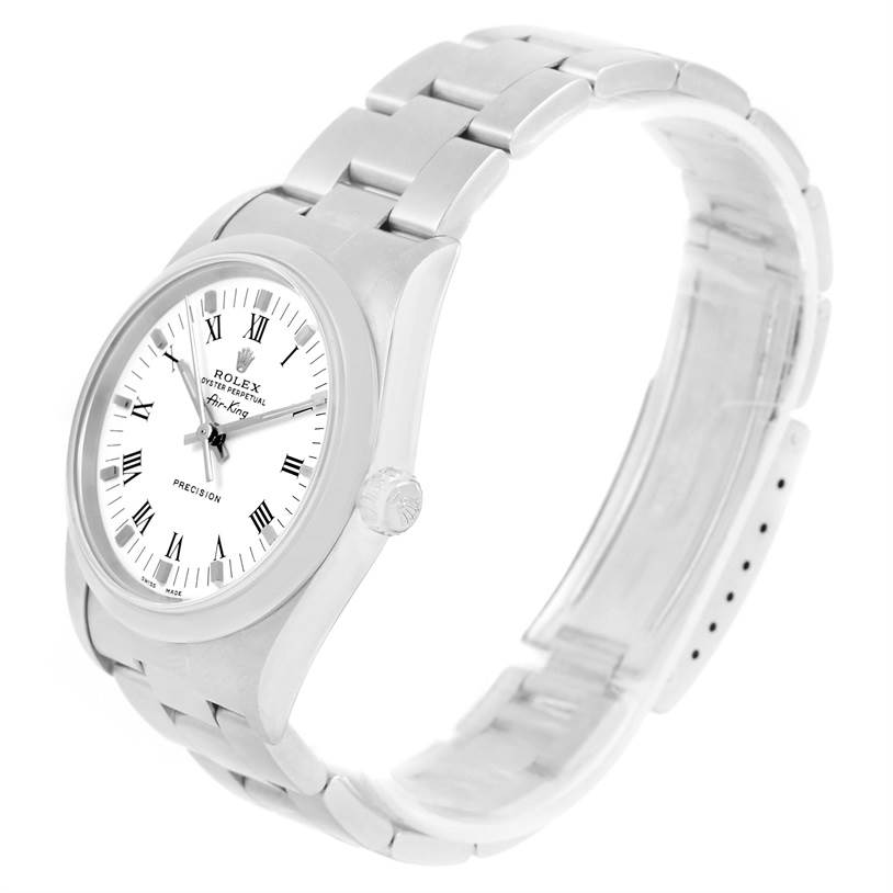 This image shows a Rolex Air-King 14000 Men's Stainless Steel White Dial 14000 Men's Stainless Steel White Dial watch at a slight angle, displaying the face, bezel, crown, and part of the bracelet.