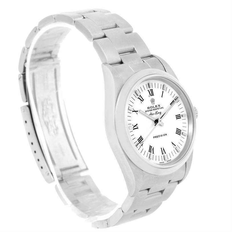 The image shows a Rolex Air-King 14000 Men's Stainless Steel White Dial 14000 Men's Stainless Steel White Dial watch angled to display the dial, case, and bracelet in a semi-open position.