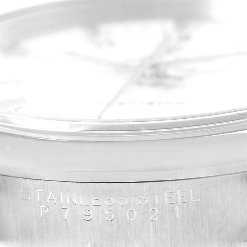 The image shows a close-up of the case side and serial number of a Rolex Air-King 14000 Men's Stainless Steel White Dial 14000 Men's Stainless Steel White Dial watch, emphasizing its stainless steel material.