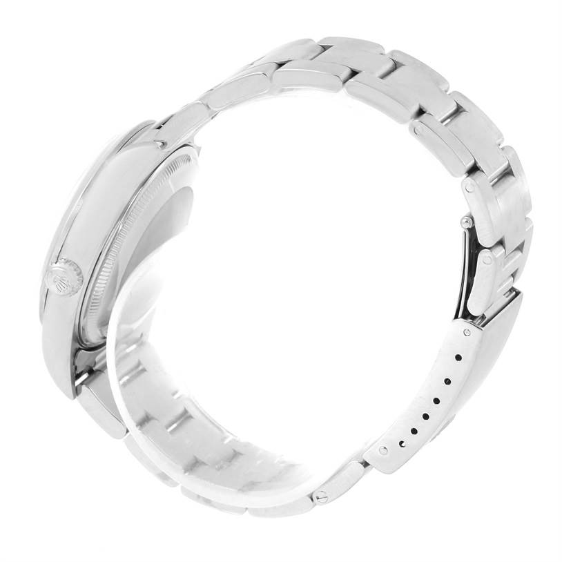 This image shows the side view of the Rolex Air-King 14000 Men's Stainless Steel White Dial 14000 Men's Stainless Steel White Dial watch, highlighting its bracelet, clasp, and case.