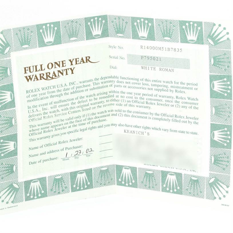 The image shows a one-year warranty card for the Rolex Air-King 14000 Men's Stainless Steel White Dial 14000 Men's Stainless Steel White Dial watch, with serial and model numbers.