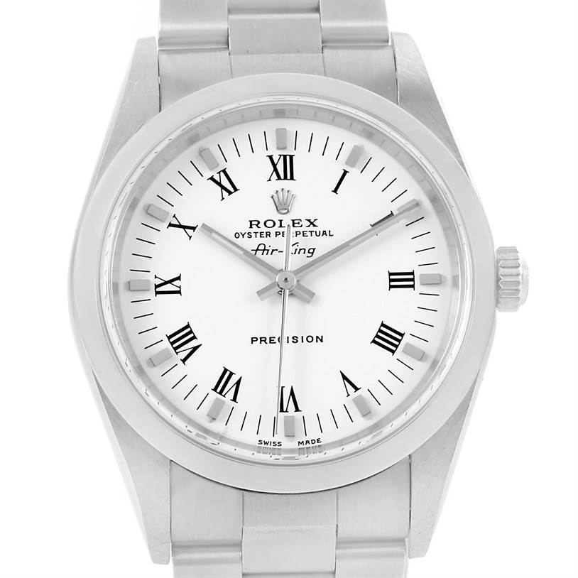 The image shows a front view of the Rolex Air-King 14000 Men's Stainless Steel White Dial 14000 Men's Stainless Steel White Dial watch, highlighting its face, bezel, crown, and bracelet.