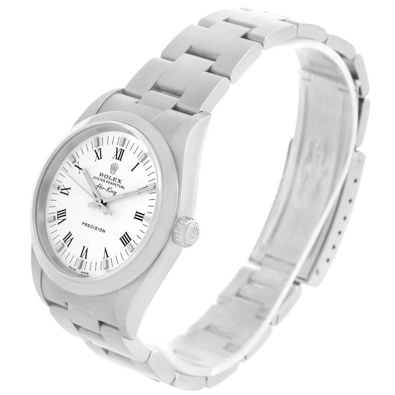 This image shows a side-angle view of a Rolex Air-King 14000 Men's Stainless Steel White Dial 14000 Men's Stainless Steel White Dial watch, highlighting its face, crown, and band.
