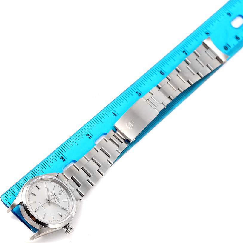 The image shows a Rolex Air-King 14000 Men's Stainless Steel Silver Dial 14000 Men's Stainless Steel Silver Dial watch laid flat next to a blue ruler, displaying its entire face and band.