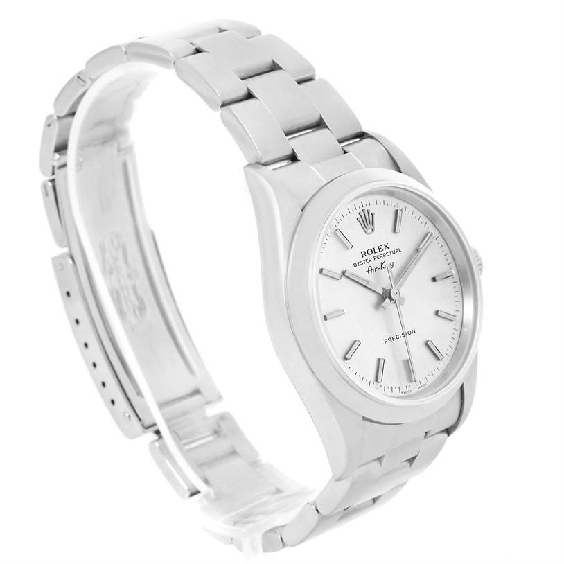 The image shows a Rolex Air-King 14000 Men's Stainless Steel Silver Dial 14000 Men's Stainless Steel Silver Dial watch angled from the front-left, displaying its stainless steel case, bracelet, and face.