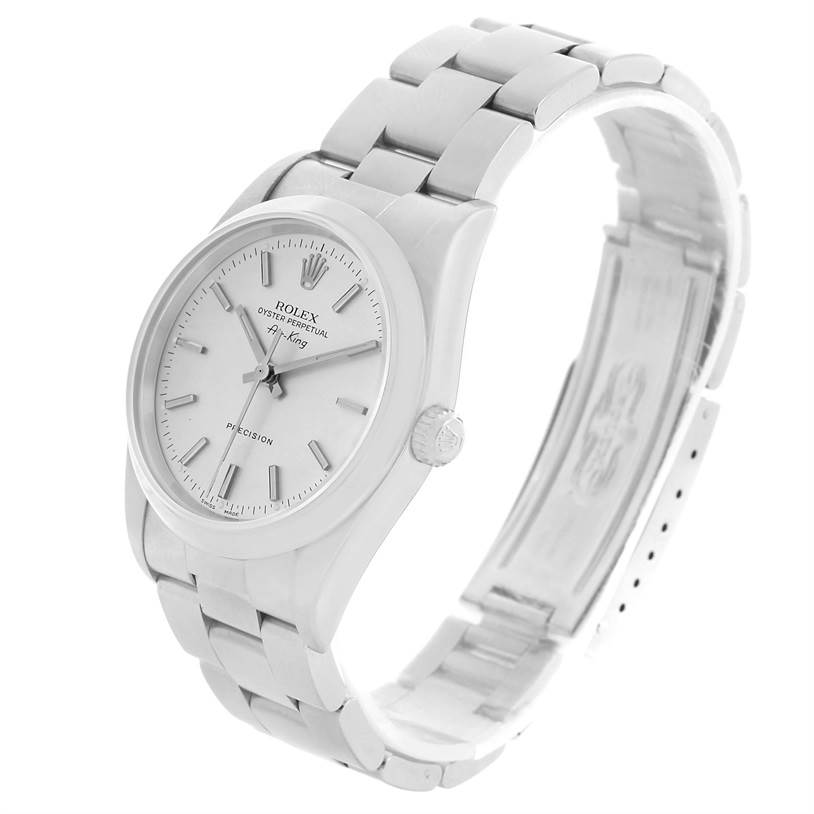 The image shows a Rolex Air-King 14000 Men's Stainless Steel Silver Dial 14000 Men's Stainless Steel Silver Dial watch at a slight angle, highlighting its face, case, and partial metal bracelet.