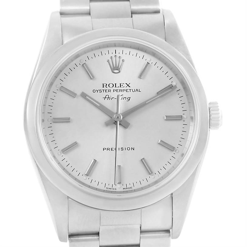 This image shows a frontal view of a Rolex Air-King 14000 Men's Stainless Steel Silver Dial 14000 Men's Stainless Steel Silver Dial watch displaying the dial, hands, crown, and part of the bracelet.
