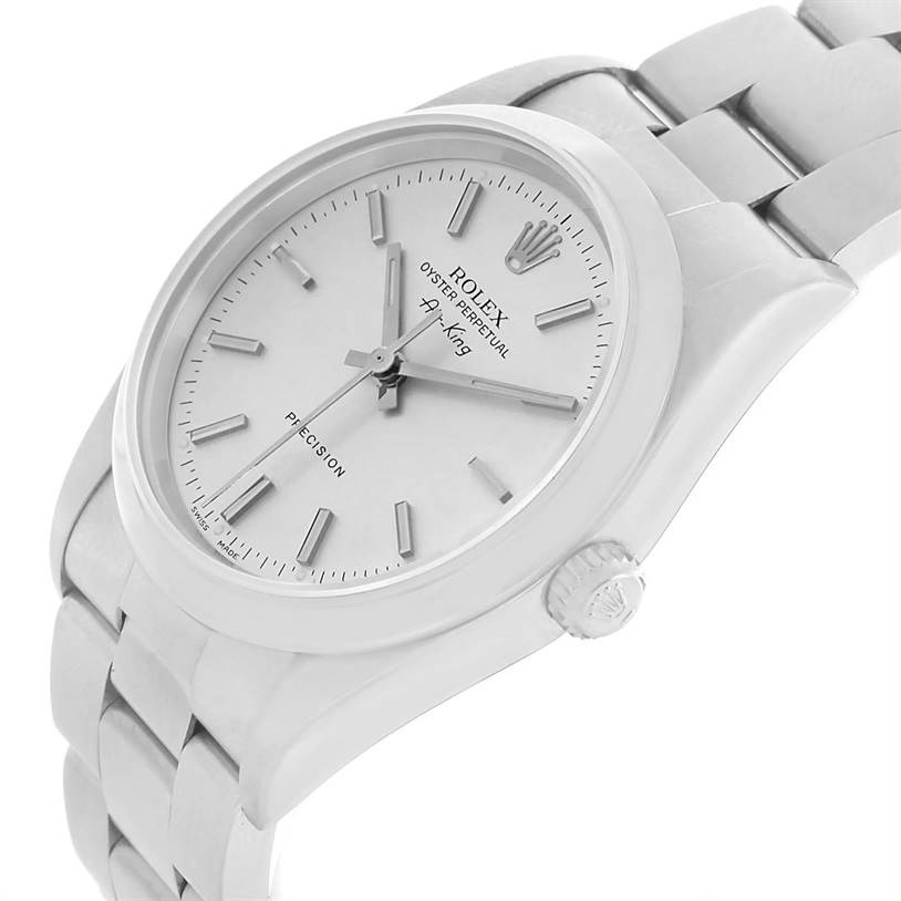 The image shows a side view of a Rolex Air-King 14000 Men's Stainless Steel Silver Dial 14000 Men's Stainless Steel Silver Dial watch highlighting the face, bezel, and part of the bracelet.