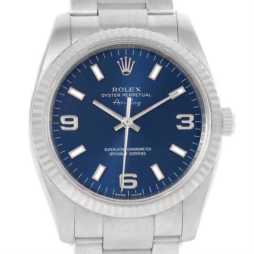 The image shows a front view of a Rolex Air-King 114234 Men's Stainless Steel Blue Dial 114234 Men's Stainless Steel Blue Dial watch, highlighting the blue dial, hour markers, and stainless steel bracelet.