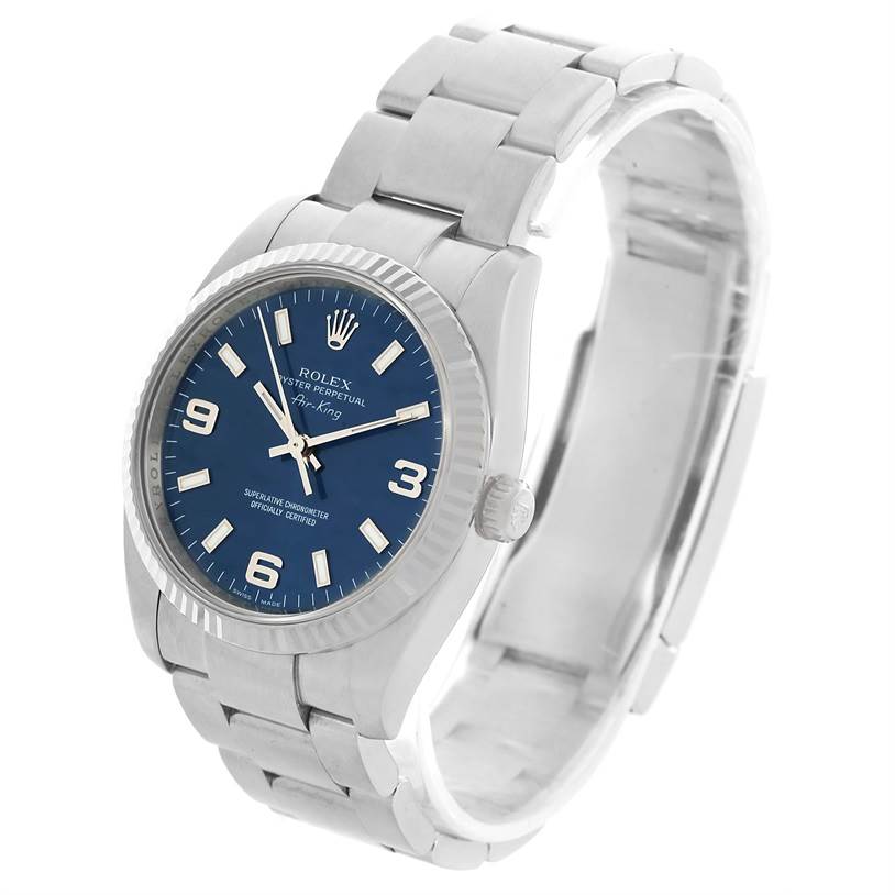 The image shows a Rolex Air-King 114234 Men's Stainless Steel Blue Dial 114234 Men's Stainless Steel Blue Dial watch from a three-quarter angle, highlighting the face, bezel, and bracelet.