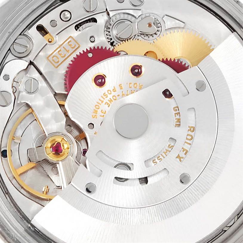 This image shows a close-up view of the movement mechanism of a Rolex Air-King 114234 Men's Stainless Steel Blue Dial 114234 Men's Stainless Steel Blue Dial watch.