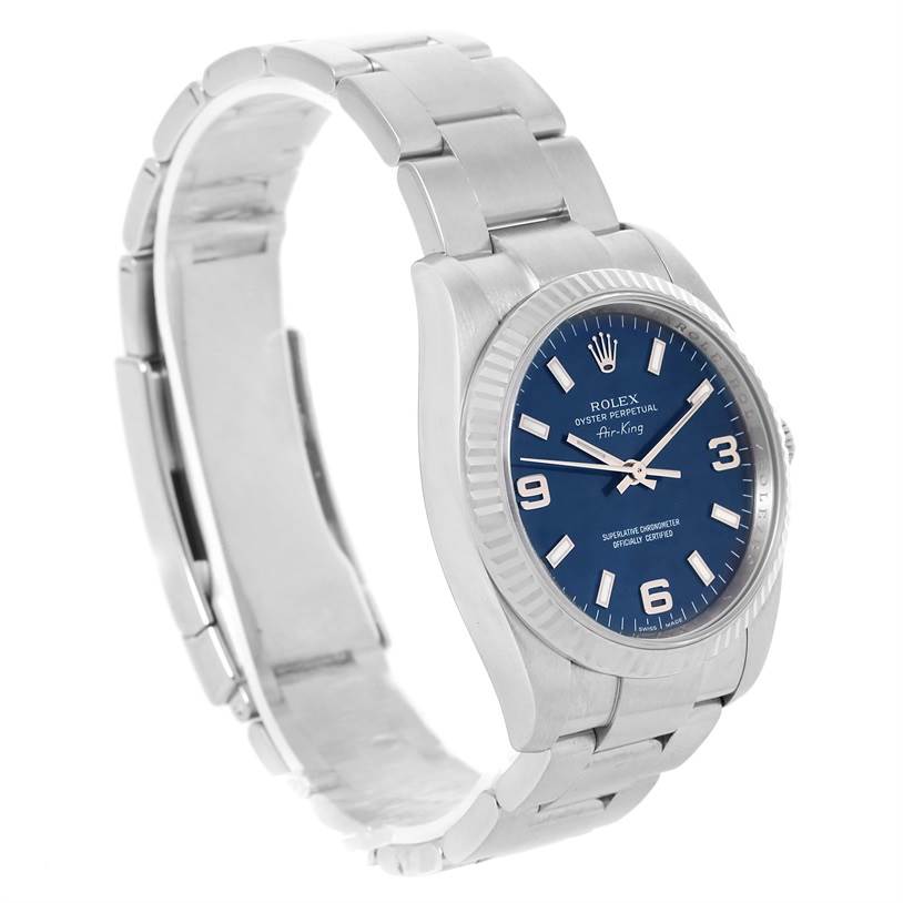 The image shows a Rolex Air-King 114234 Men's Stainless Steel Blue Dial 114234 Men's Stainless Steel Blue Dial watch at a three-quarter angle, highlighting the watch face, bezel, and metal bracelet.