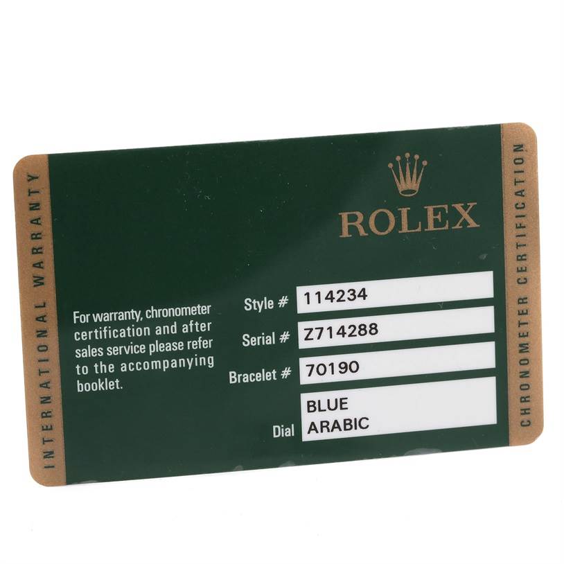 This image shows the international warranty card for a Rolex Air-King 114234 Men's Stainless Steel Blue Dial 114234 Men's Stainless Steel Blue Dial watch.