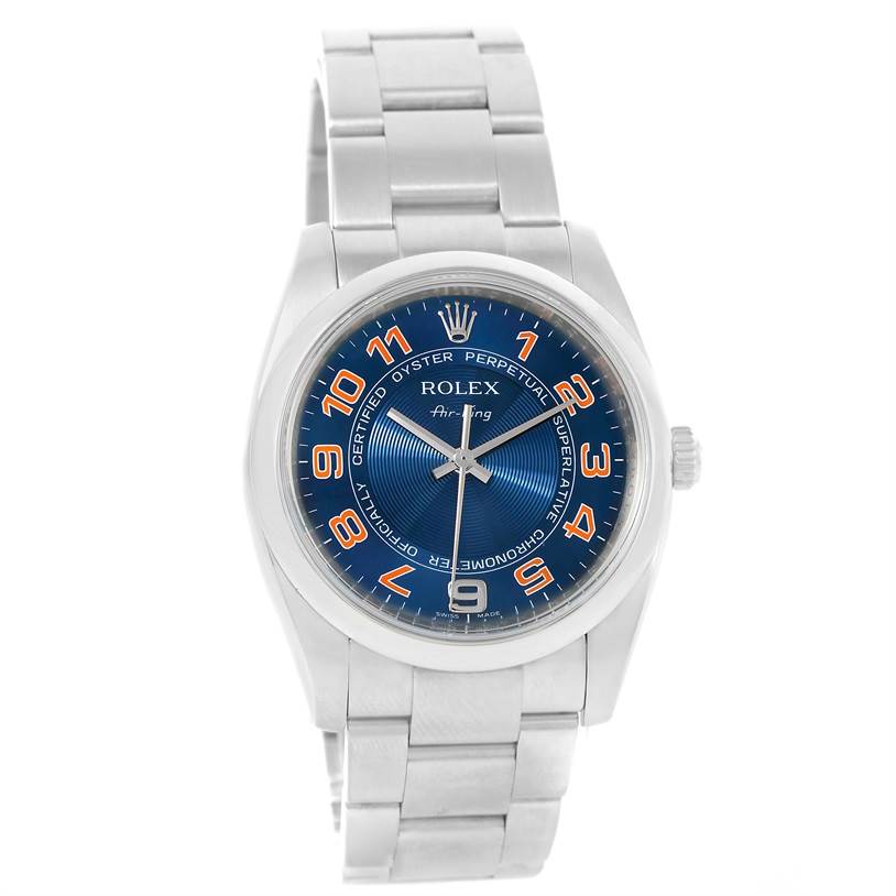 This image shows a front view of the Rolex Air-King 114200 Men's Stainless Steel Blue Dial 114200 Men's Stainless Steel Blue Dial watch, highlighting the dial, bezel, and bracelet.