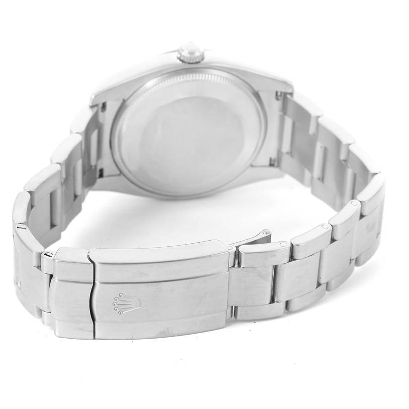 The image shows the back and bracelet clasp of a Rolex Air-King 114200 Men's Stainless Steel Blue Dial 114200 Men's Stainless Steel Blue Dial watch from a rear, slightly angled view.