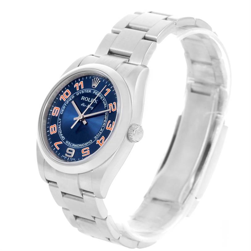 This image shows a Rolex Air-King 114200 Men's Stainless Steel Blue Dial 114200 Men's Stainless Steel Blue Dial watch at a three-quarter angle, highlighting its blue dial, case, and bracelet.