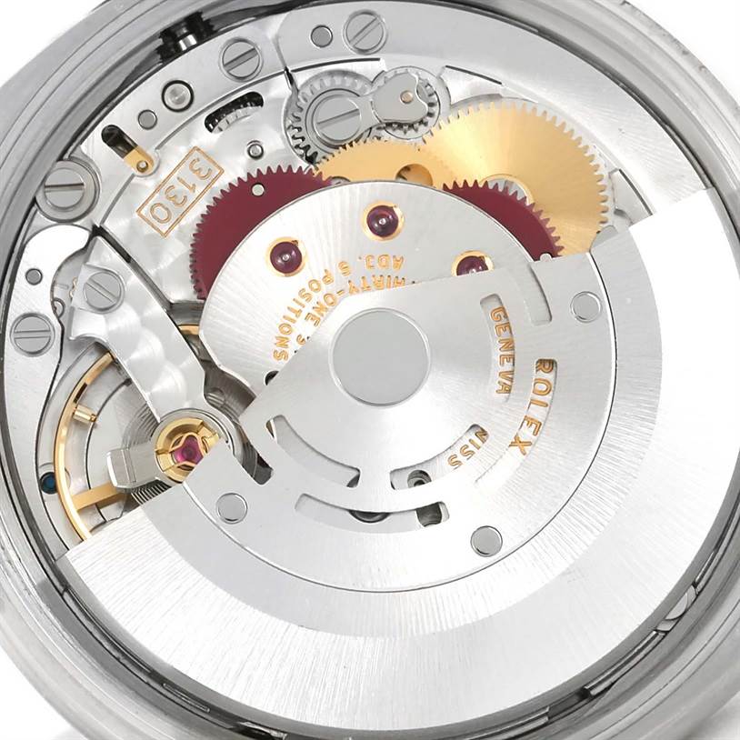 The image shows an internal view of the Rolex Air-King 114234 Men's Stainless Steel Silver Dial 114234 Men's Stainless Steel Silver Dial watch movement from a top-down angle.