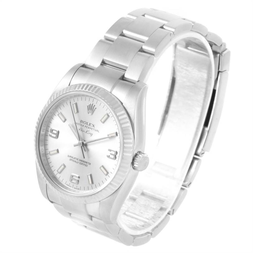 The image shows a Rolex Air-King 114234 Men's Stainless Steel Silver Dial 114234 Men's Stainless Steel Silver Dial watch at a three-quarter angle, highlighting its face, crown, and bracelet.