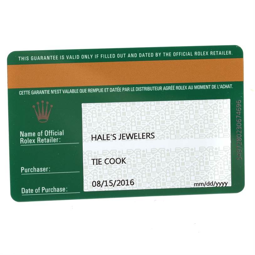 The image shows a green warranty card for a Rolex Air-King 114200 Men's Stainless Steel Silver Dial 114200 Men's Stainless Steel Silver Dial watch, including details like the retailer's name, purchaser's name, and date of purchase.