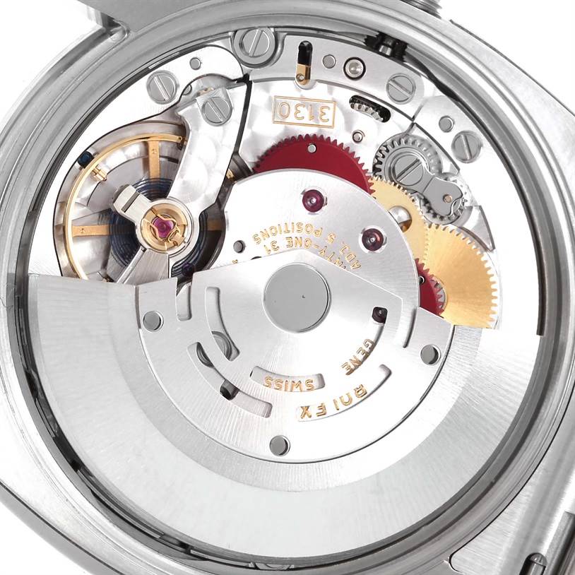 This is a close-up view of the movement and internal mechanisms of a Rolex Air-King 114200 Men's Stainless Steel Silver Dial 114200 Men's Stainless Steel Silver Dial watch.