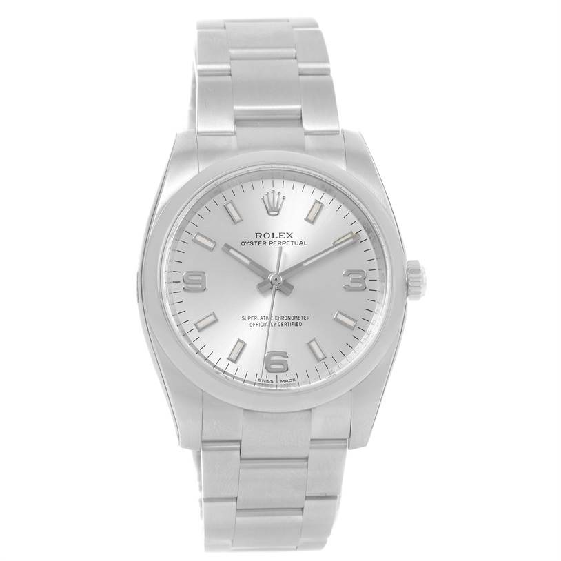 This image shows a front view of a Rolex Air-King 114200 Men's Stainless Steel Silver Dial 114200 Men's Stainless Steel Silver Dial watch, displaying the dial, hands, and bracelet.