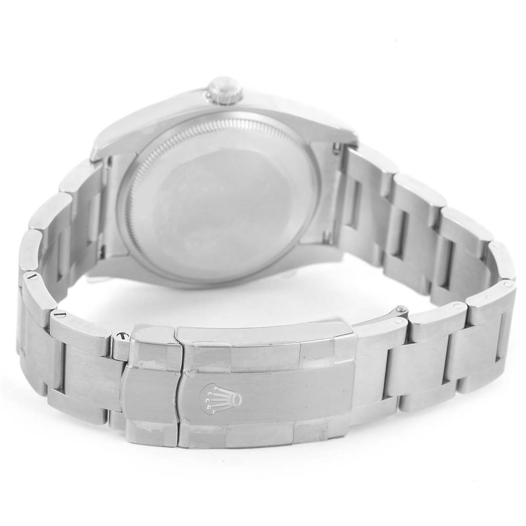 This image shows the back case and bracelet clasp of a Rolex Air-King 114200 Men's Stainless Steel Silver Dial 114200 Men's Stainless Steel Silver Dial watch from an angled rear view.