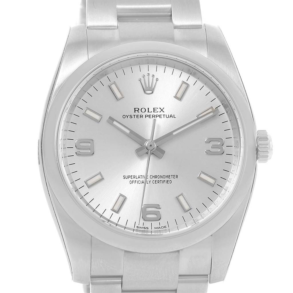 The image shows a frontal view of the Rolex Air-King 114200 Men's Stainless Steel Silver Dial 114200 Men's Stainless Steel Silver Dial watch, displaying the dial, hands, crown, and part of the stainless steel bracelet.