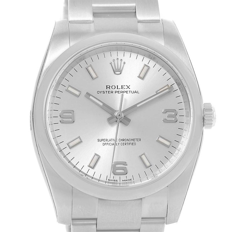 The image shows a frontal view of the Rolex Air-King watch, displaying the dial, hands, crown, and part of the stainless steel bracelet.