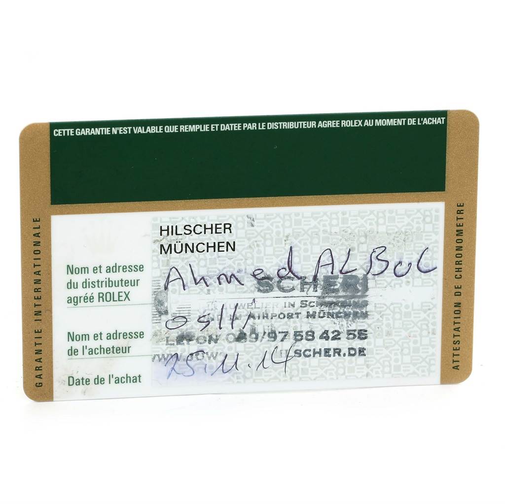 This image shows a warranty card for a Rolex Air-King 114200 Men's Stainless Steel Silver Dial 114200 Men's Stainless Steel Silver Dial watch, including dealer and purchaser information.