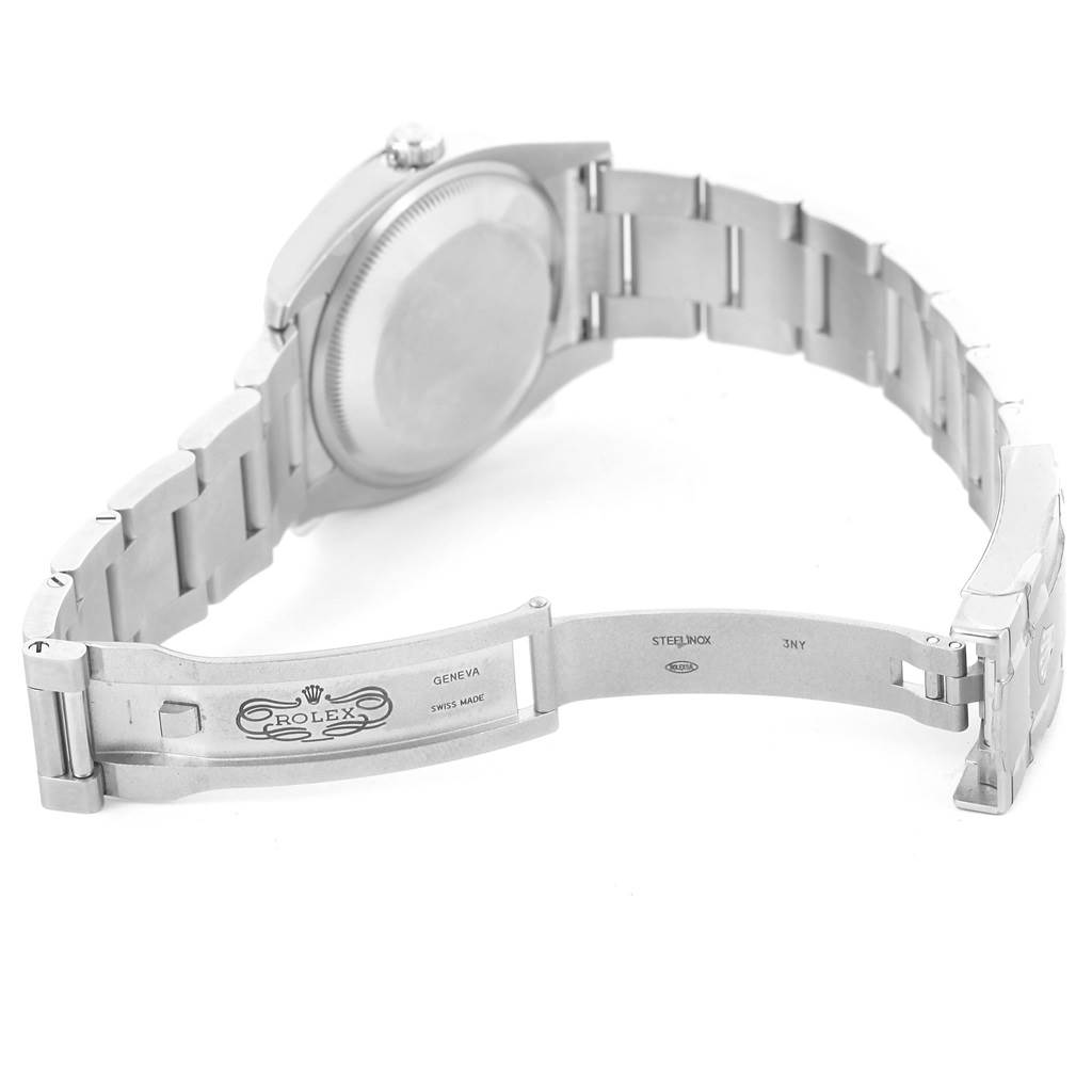 This image shows the back and open clasp of the Rolex Air-King 114200 Men's Stainless Steel Silver Dial 114200 Men's Stainless Steel Silver Dial watch, highlighting its bracelet and clasp mechanics.