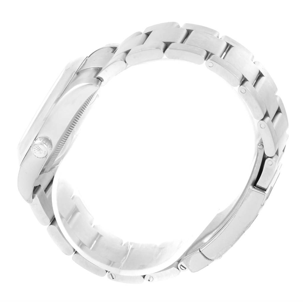 This image displays a side view of the Rolex Air-King 114200 Men's Stainless Steel Silver Dial 114200 Men's Stainless Steel Silver Dial watch, showing its stainless steel case, bezel, and bracelet.