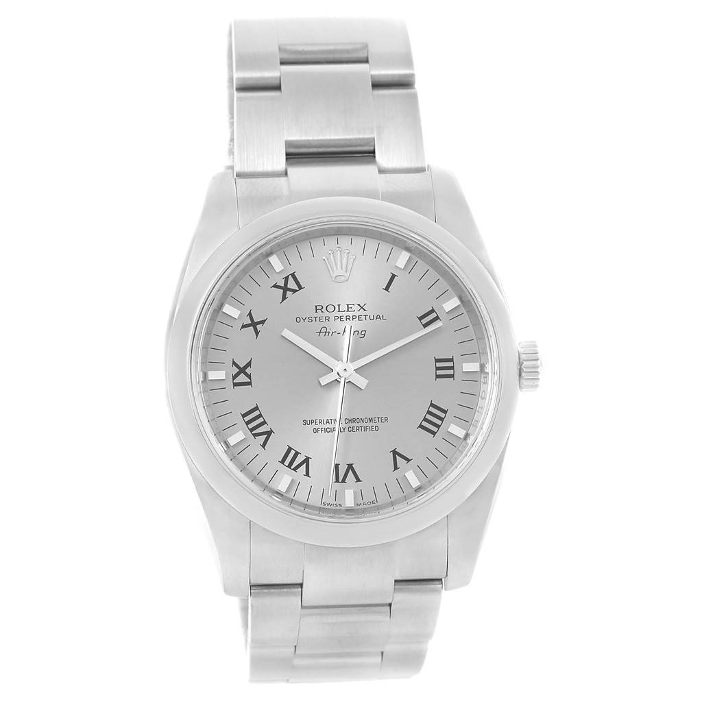 The image shows a front view of a Rolex Air-King 114200 Men's Stainless Steel Grey Dial 114200 Men's Stainless Steel Grey Dial watch, featuring its dial, bezel, crown, and bracelet.