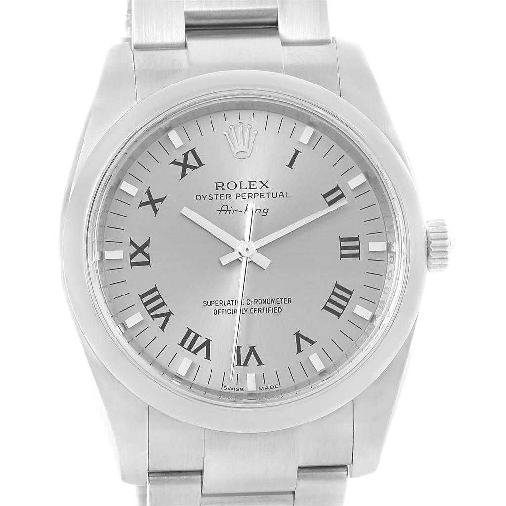 The image shows a front view of the Rolex Air-King 114200 Men's Stainless Steel Grey Dial 114200 Men's Stainless Steel Grey Dial watch, highlighting its dial, crown, hands, and bracelet.