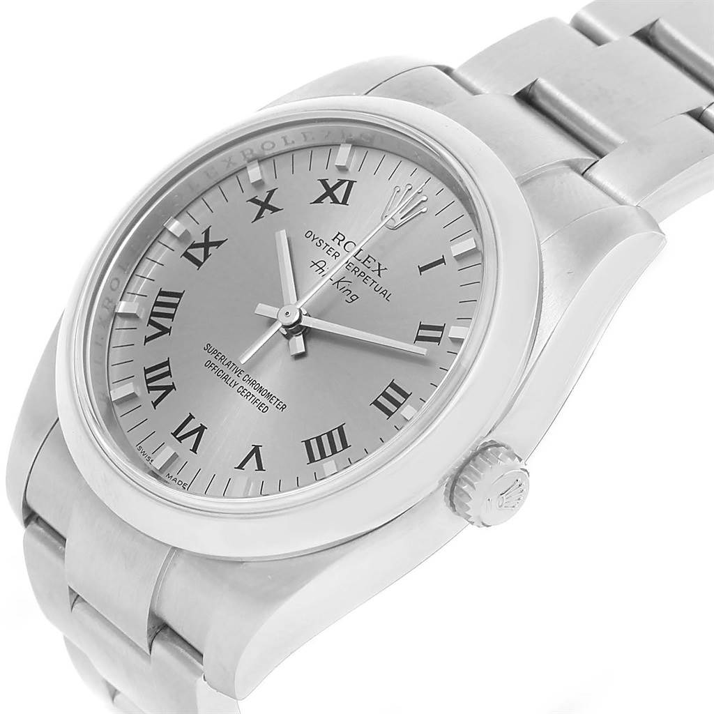 The image shows a close-up angle of a Rolex Air-King 114200 Men's Stainless Steel Grey Dial 114200 Men's Stainless Steel Grey Dial watch, highlighting the dial, bracelet, and crown.