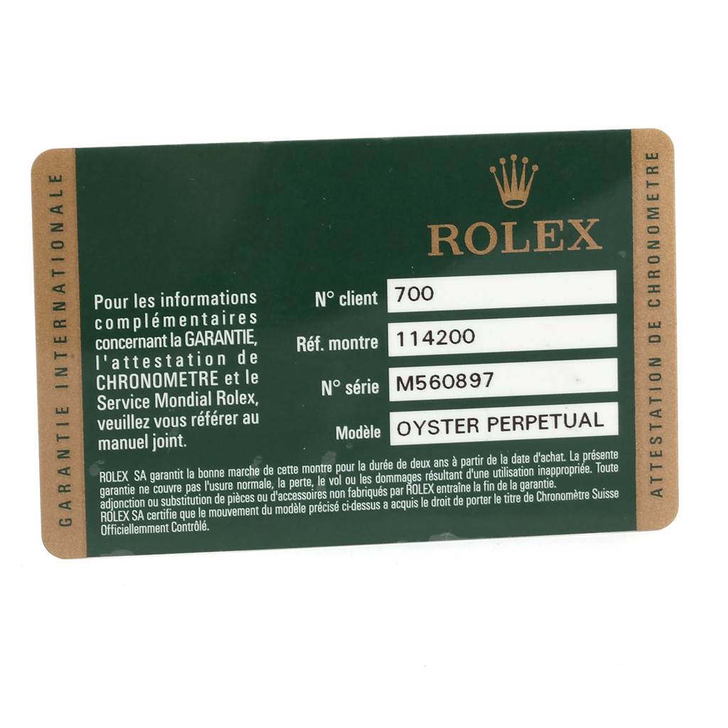The image shows a guarantee card for a Rolex Air-King 114200 Men's Stainless Steel Grey Dial 114200 Men's Stainless Steel Grey Dial model, displaying client number, reference, serial number, and model details.