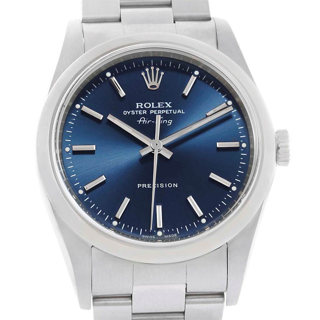 This image shows a frontal view of a Rolex Air-King 14000 Men's Stainless Steel Blue Dial 14000 Men's Stainless Steel Blue Dial watch, highlighting its blue dial and stainless steel bracelet.