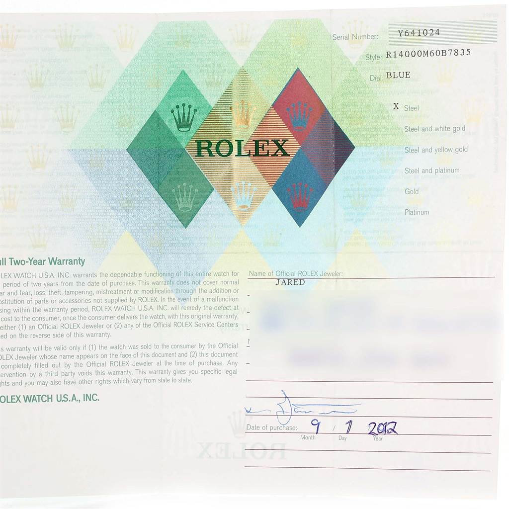 This image shows a warranty card for a Rolex Air-King 14000 Men's Stainless Steel Blue Dial 14000 Men's Stainless Steel Blue Dial watch, listing details like the serial number, style, dial color, and purchase date.