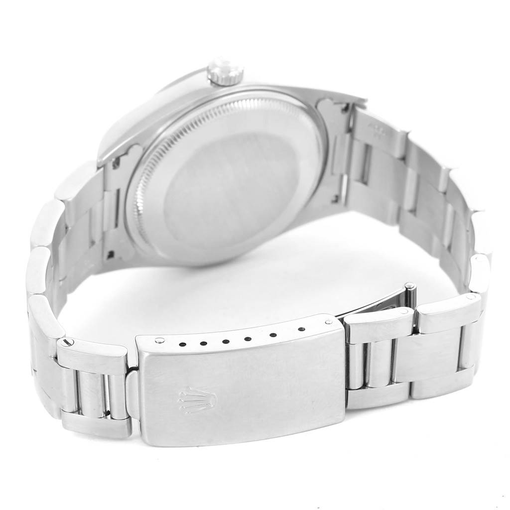 The image shows the back case and bracelet clasp of a Rolex Air-King 14000 Men's Stainless Steel Blue Dial 14000 Men's Stainless Steel Blue Dial watch from a rear angle.