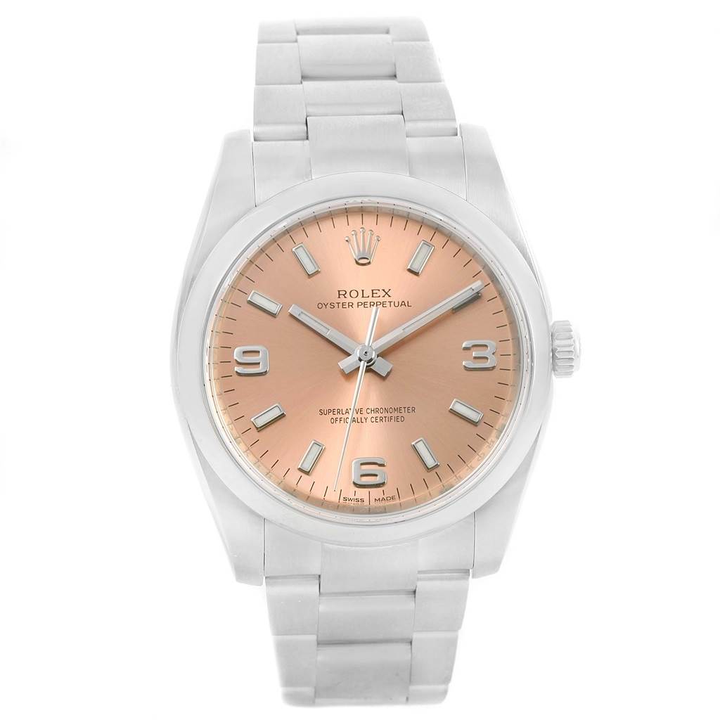 This image shows a front view of the Rolex Air-King 114200 Men's Stainless Steel Pink Dial 114200 Men's Stainless Steel Pink Dial watch, including its dial, crown, and bracelet.