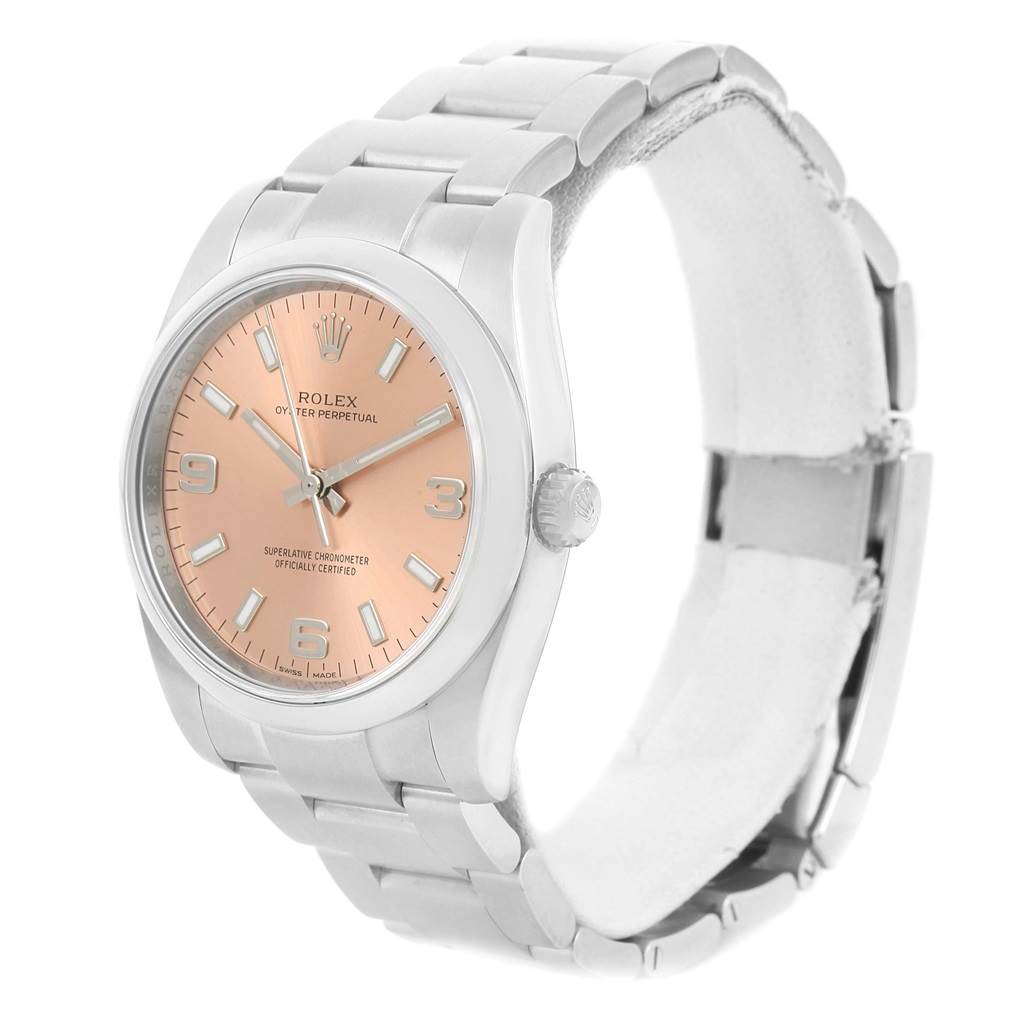 The image shows the Rolex Air-King 114200 Men's Stainless Steel Pink Dial 114200 Men's Stainless Steel Pink Dial's face, crown, and bracelet at a slight angle from the front-right.