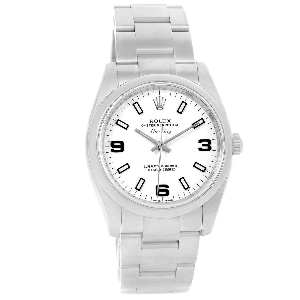 This is a front view of the Rolex Air-King 114200 Men's Stainless Steel White Dial 114200 Men's Stainless Steel White Dial watch displaying its face, bracelet, and crown.