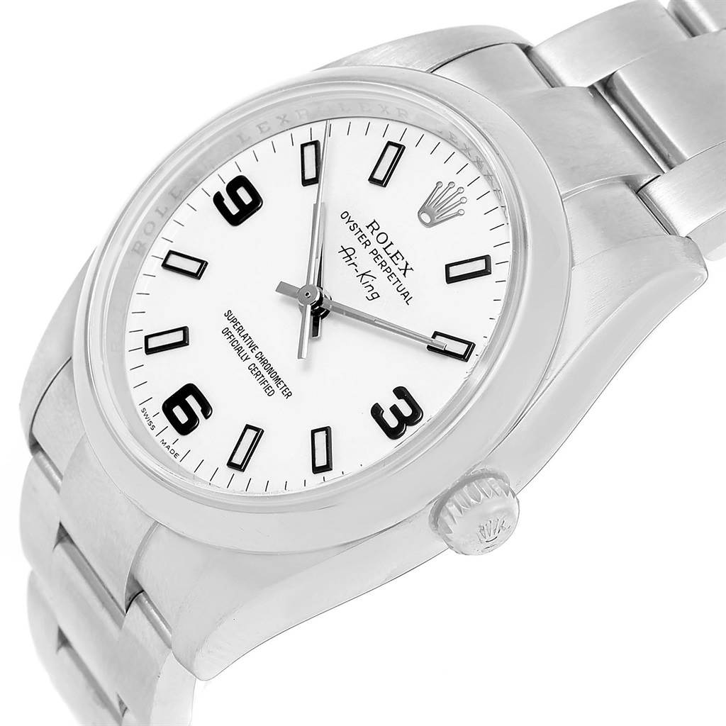 The image shows a Rolex Air-King 114200 Men's Stainless Steel White Dial 114200 Men's Stainless Steel White Dial watch angled slightly from the front, displaying the face, bezel, crown, and part of the bracelet.