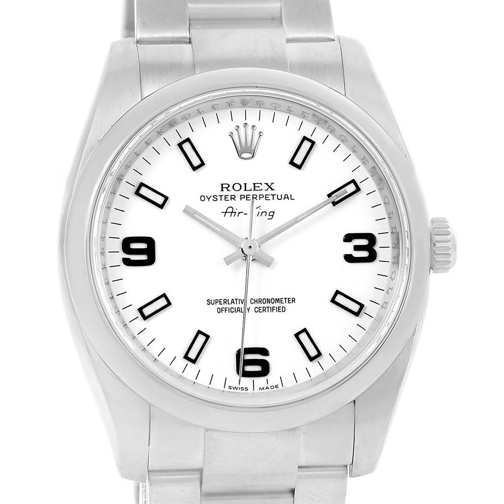 The image shows a frontal view of a Rolex Air-King 114200 Men's Stainless Steel White Dial 114200 Men's Stainless Steel White Dial watch, displaying its face, bezel, crown, and part of the bracelet.