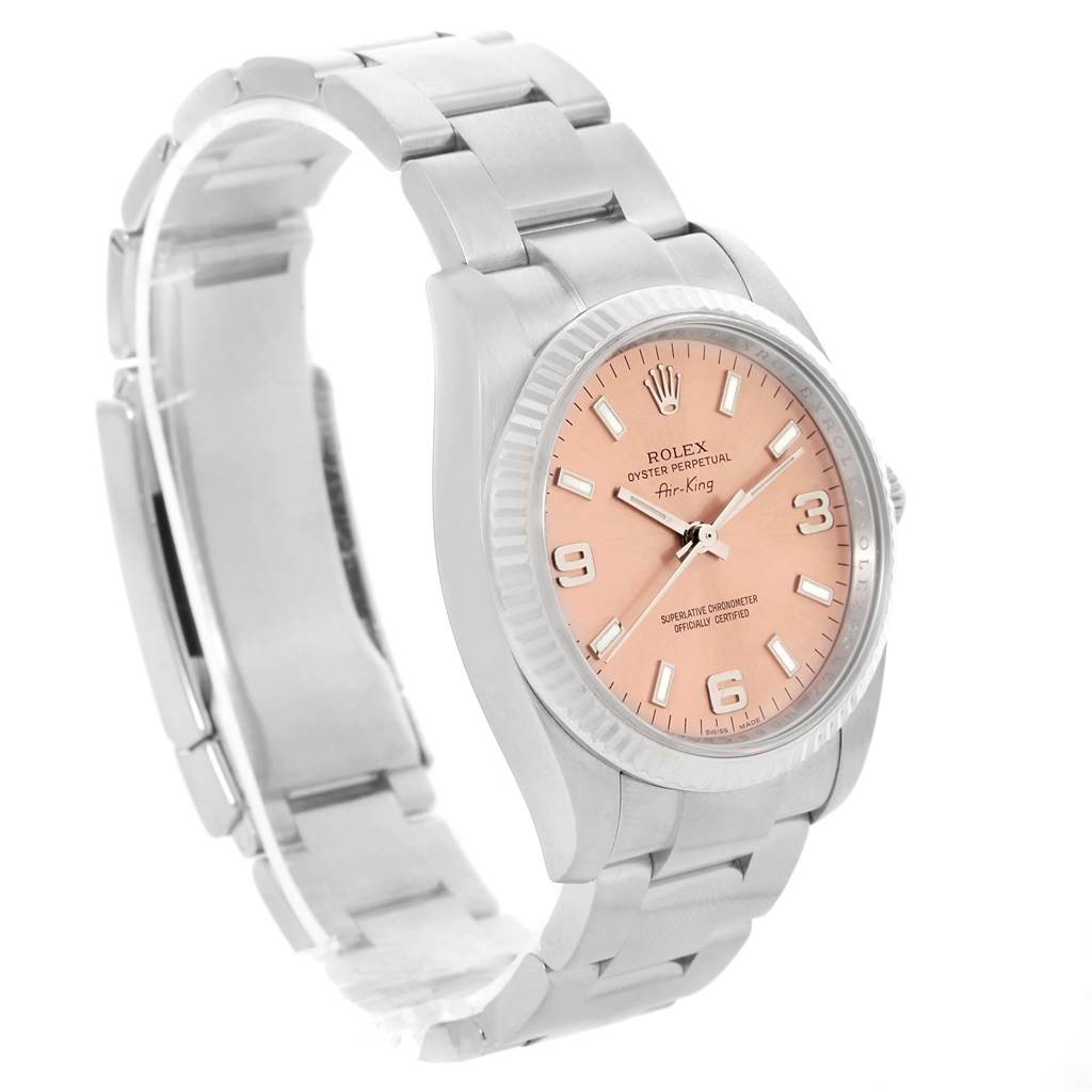 The image shows a side angle of a Rolex Air-King 114234 Men's Stainless Steel Pink Dial 114234 Men's Stainless Steel Pink Dial watch, highlighting its bracelet, case, and pink dial.