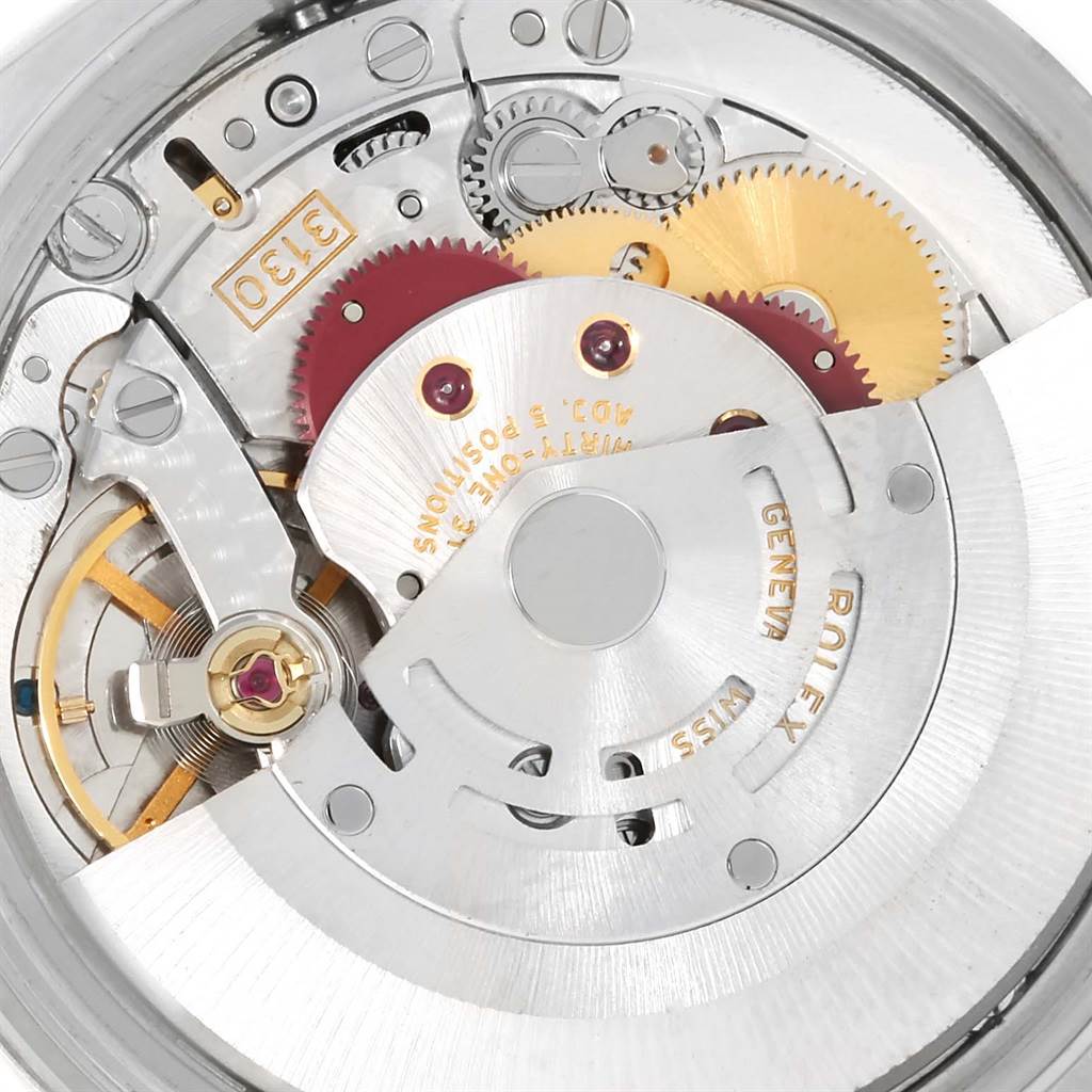 The image shows the internal mechanical movement of the Rolex Air-King 114234 Men's Stainless Steel Pink Dial 114234 Men's Stainless Steel Pink Dial watch from a close-up, top-down angle.